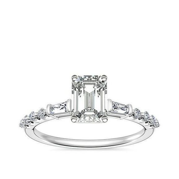 0.80 Carat Emerald Cut Natural Diamond Solitaire with Accents Beautiful Engagement Ring for Women in Solid 14K White Gold Size 7