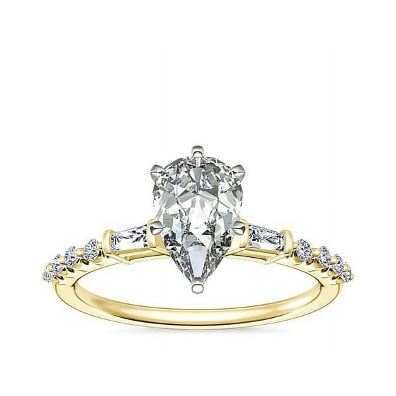 0.80 Carat Pear Cut Real Diamond Beautiful Solitaire with Accents Ring for Engagement in Solid 14K Yellow Gold Size 7