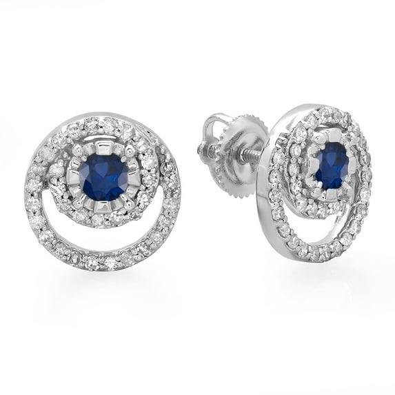 0.80 Carat (ctw) 10K White Gold Round Cut Blue Sapphire & White Diamond Ladies Cluster Swirl Stud Earrings 3/4 CT