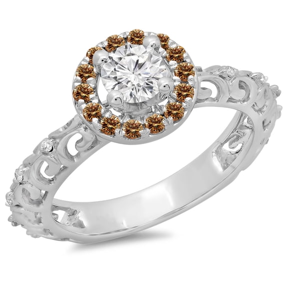 0.80 Carat (ctw) 10K White Gold Round Cut Champagne & White Diamond Ladies Bridal Vintage Halo Style Engagement Ring 3/4