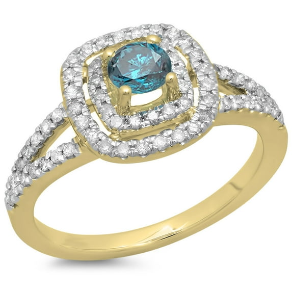 0.80 Carat (ctw) 10K Yellow Gold Round Blue & White Diamond Ladies Split Shank Engagement Halo Bridal Ring 3/4 CT