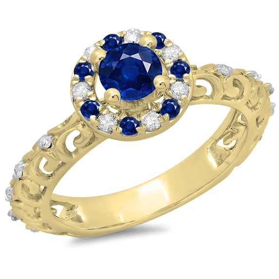 0.80 Carat (ctw) 10K Yellow Gold Round Cut Blue Sapphire & White Diamond Ladies Bridal Vintage Halo Style Engagement Rin