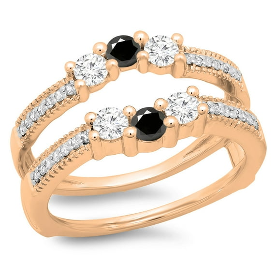 0.80 Carat (ctw) 14K Rose Gold Round Cut Black & White Diamond Ladies Anniversary Wedding Band 3 Stone Enhancer Guard Do
