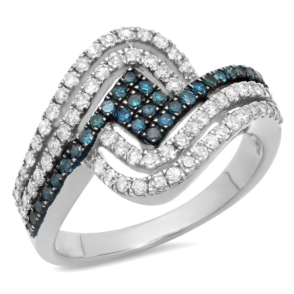 0.80 Carat (ctw) 14K White Gold Round Cut Blue & White Diamond Ladies Twisted Style Right Hand Fashion Band 3/4 CT