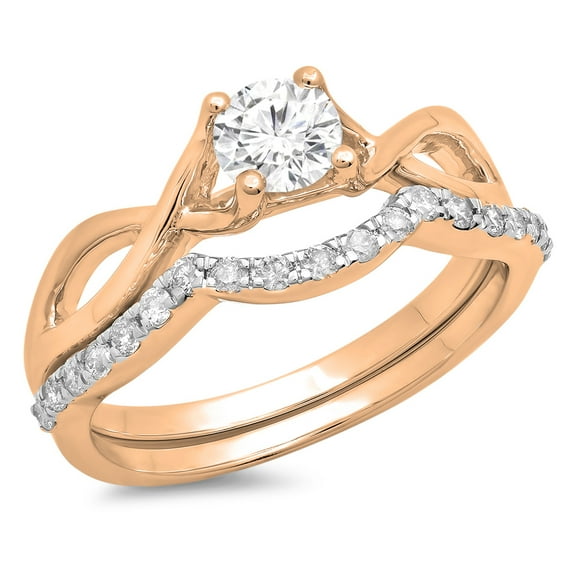 0.80 Carat (ctw) 14k Rose Gold Round White Diamond Ladies Bridal Split Shank Swirl Engagement Ring Matching Band Set 3/4