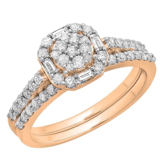 0.80 Carat (ctw) 18K Rose Gold Round & Baguette Cut Diamond Ladies Cluster Bridal Engagement Ring With Matching Band Set