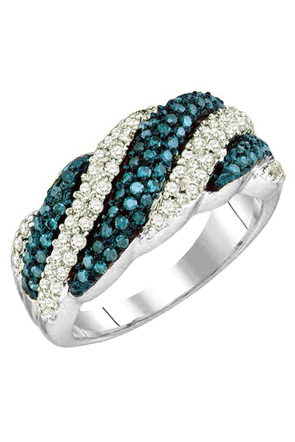 0.80 Carat (ctw) 18K White Gold Round Cut Blue & White Diamond Ladies Bridal Swirl Fashion Right Hand Ring 3/4 CT