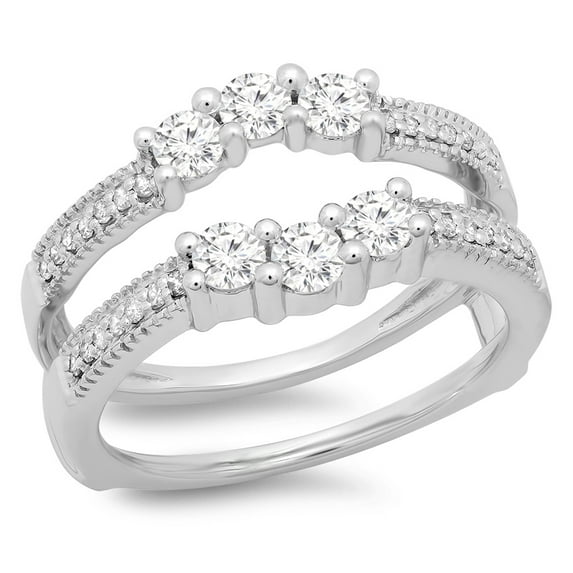 0.80 Carat (ctw) 18K White Gold Round Cut Diamond Ladies Anniversary Wedding Band 3 Stone Enhancer Guard Double Ring 3/4