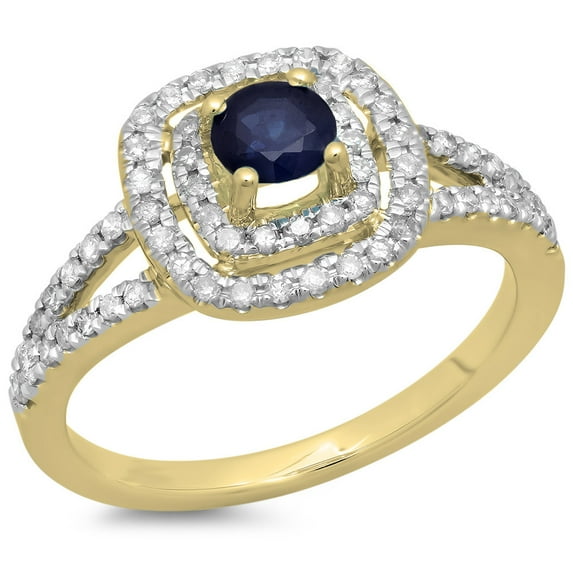 0.80 Carat (ctw) 18K Yellow Gold Round Blue Sapphire & White Diamond Ladies Split Shank Engagement Halo Bridal Ring 3/4