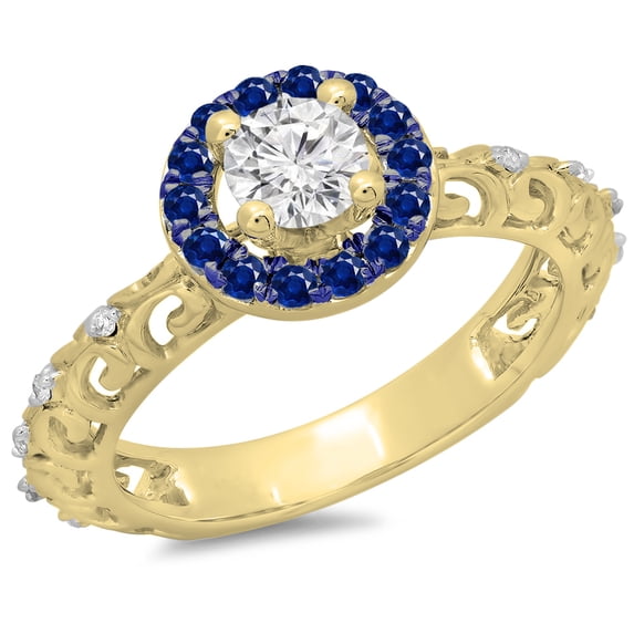 0.80 Carat (ctw) 18K Yellow Gold Round Cut Blue Sapphire & White Diamond Ladies Bridal Vintage Halo Style Engagement Rin
