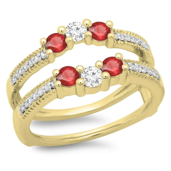 0.80 Carat (ctw) 18K Yellow Gold Round Cut Ruby & White Diamond Ladies Anniversary Wedding Band 3 Stone Enhancer Guard D