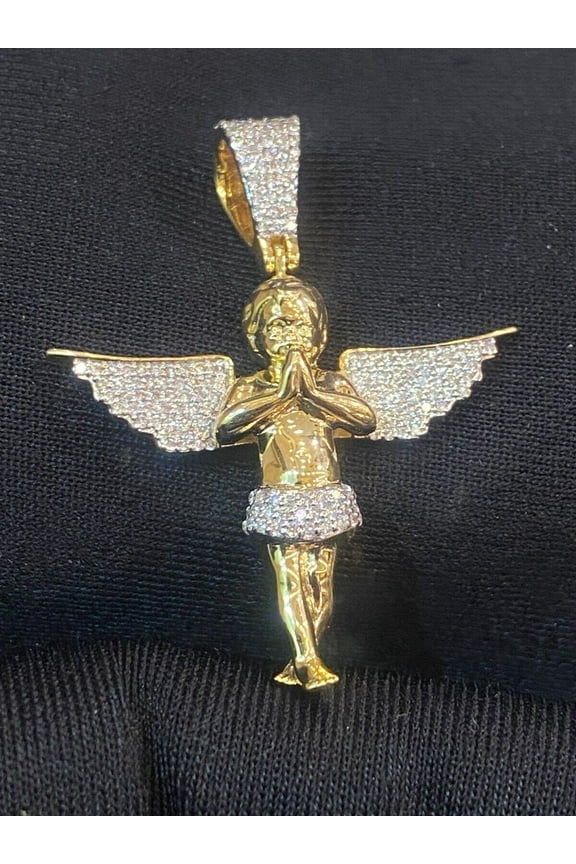0.80 Carats Round Brilliant Cut Diamonds Unisex Praying Angel Charm Pendant In Hallmark 14K Yellow Gold