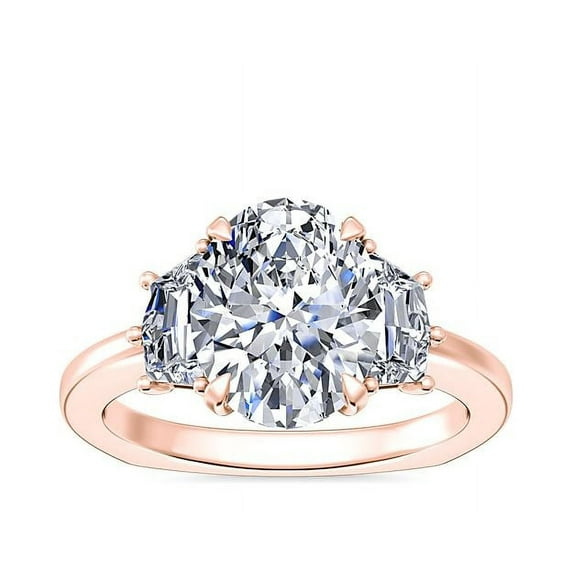 0.80 Ct Oval Cut Natural Diamond Stylish Three Stone Ring for Anniversary Solid 14K Rose Gold Size 4