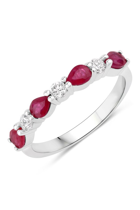0.80 Ct Pear Pink Mozambique Ruby & Lab Diamond Silver Prong Seven Stone Half Eternity Ring