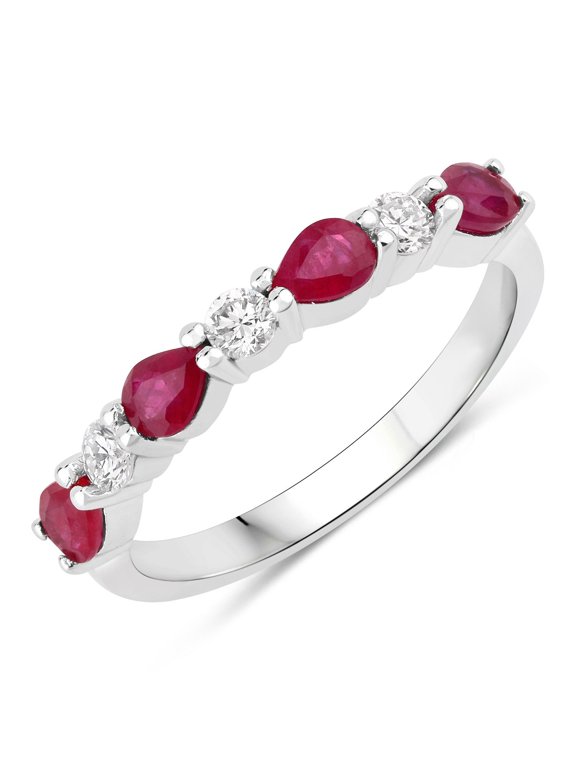 0.80 Ct Pear Pink Mozambique Ruby & Lab Diamond Silver Prong Seven Stone Half Eternity Ring