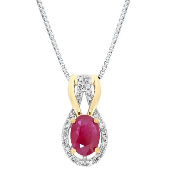 0.80 Oval Ruby 2 Tone Two Tone Vintage Pendant with Round Diamond - 18 Inch Box
