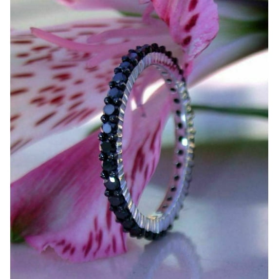 0.80Ct Balck Round Cut Diamond Engagement & Wedding Band Ring 925 Sterling Silver