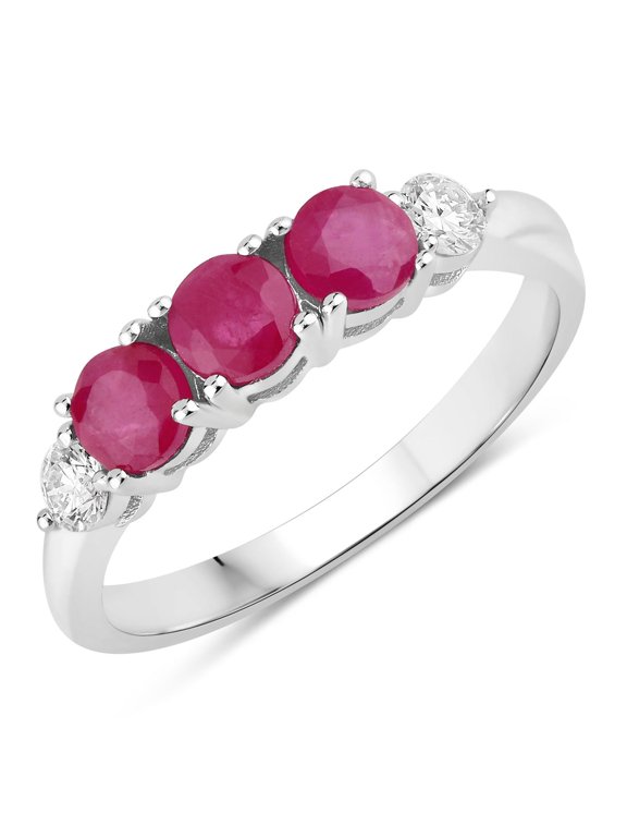 0.81 Ct Round Red Mozambique Ruby & Lab Diamond Prong Silver Five Stone Ring