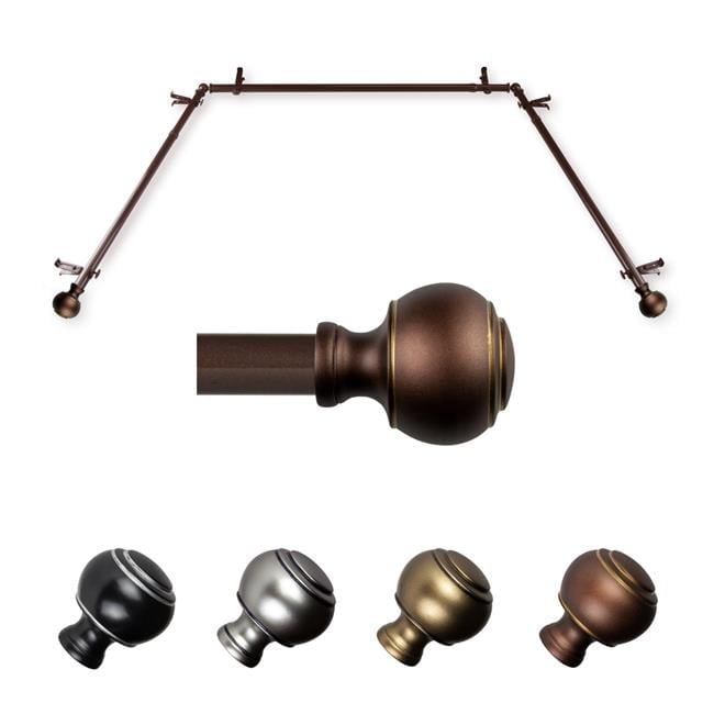 Espresso Steel Adjustable Bay Window Curtain Rod with Antique Brass Finials