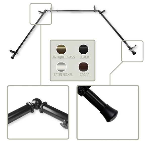 0.8125 in. Bay Window Curtain Rod with Side Rod Extends Upto 20 to 36 in. & Center Rod Extends Upto 38 to 72 in., Black