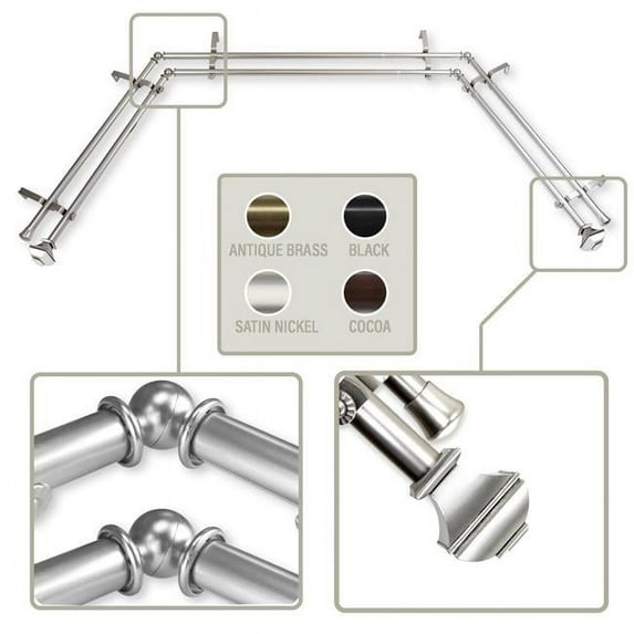 0.8125 in. Vicky Bay Window Double Curtain Rod with Side Rod Extends Upto 20 to 36 in. & Center Rod Extends Upto 38 to 72 in., Satin Nickel