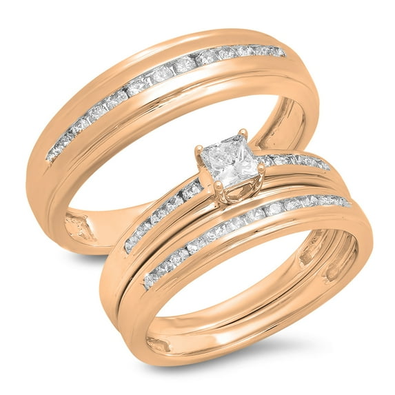 0.85 Carat (Ctw) 10K Rose Gold Princess & Round Cut White Diamond Men & Women's Fashion Engagement Ring Trio Bridal Set