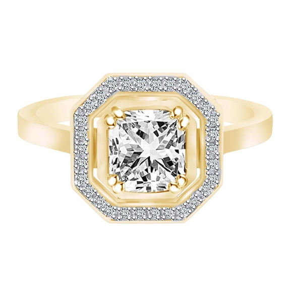 AFFY 0.85 Carat (Ctw) Asscher & Round Cut White Natural Diamond Halo Engagement Ring 14K Yellow Gold-11
