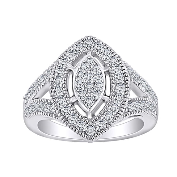 AFFY 0.85 Carat (Ctw) Round Shape White Natural Diamond Marquise Frame Engagement Ring In 14k Solid White Gold Ring Size-7.5