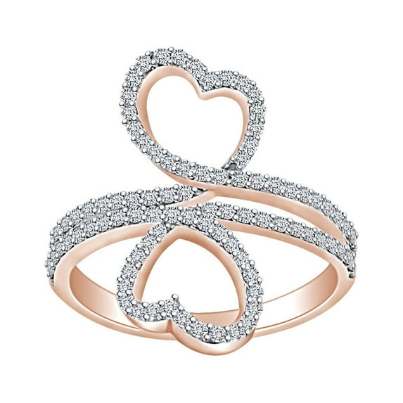 AFFY 0.85 Carat (Ctw) Round White Natural Diamond Double Heart Anniversary Engagement Ring In 14k Solid Rose Gold Ring Size-7