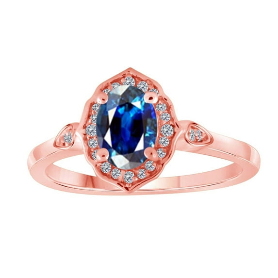 0.85 Carat Oval Shape Created Sapphire And Diamond Ring In 10K Solid Rose, White & Yellow Gold
