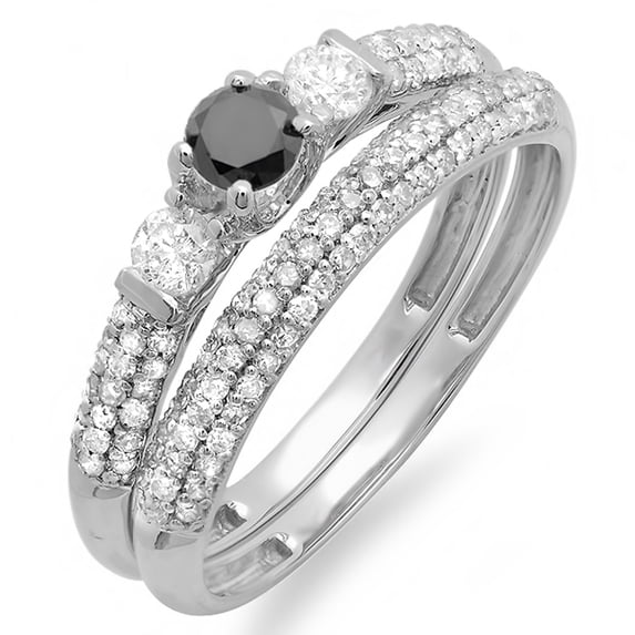 0.85 Carat (ctw) 10K White Gold Round Black And White Diamond 3 Stone Ladies Bridal Engagement Ring Wedding Band Set