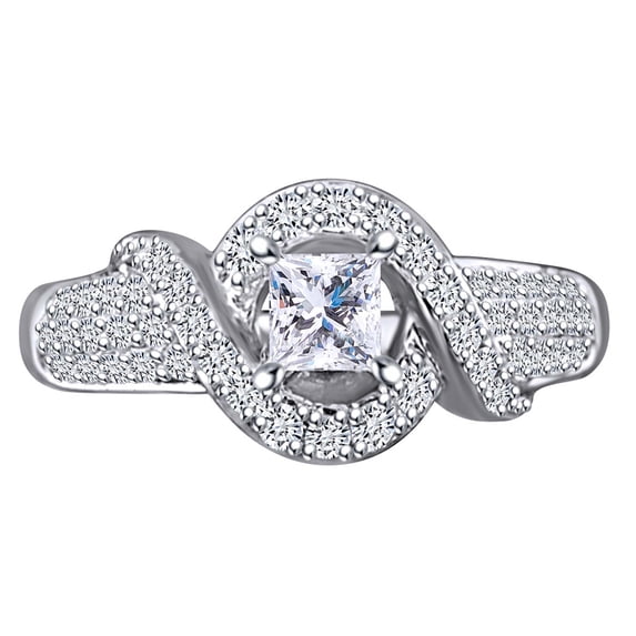 AFFY 0.85 Cttw Princess & Round Cut White Natural Engagement Ring In 14K Solid White Gold