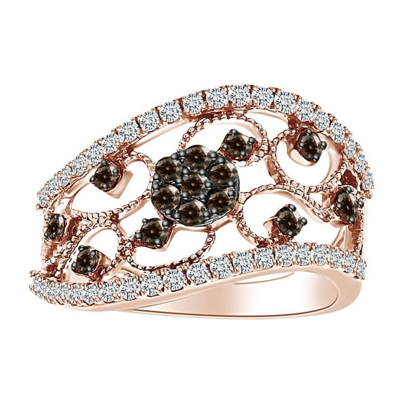 AFFY 0.85 Cttw Round Brown & White Natural Diamond Textured Designer Flower Ring 10K Solid Rose Gold-Ring Size-8.5