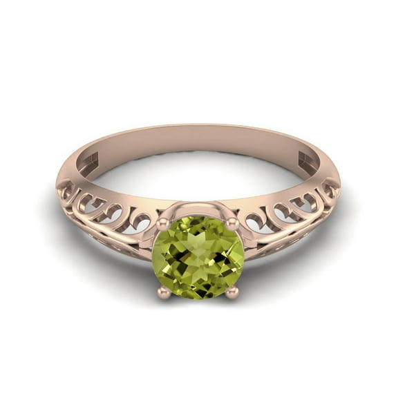 0.85 Ctw Round Peridot 925 Sterling Silver Rose Vermeil Solitaire Filigree Women Valentines Day Gifts Ring
