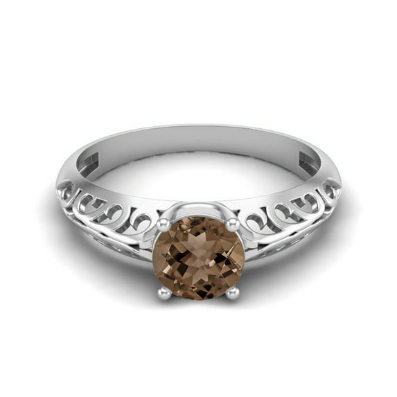 0.85 Ctw Round Smoky Quartz 925 Sterling Silver Solitaire Filigree Women Valentines Day Gifts Ring