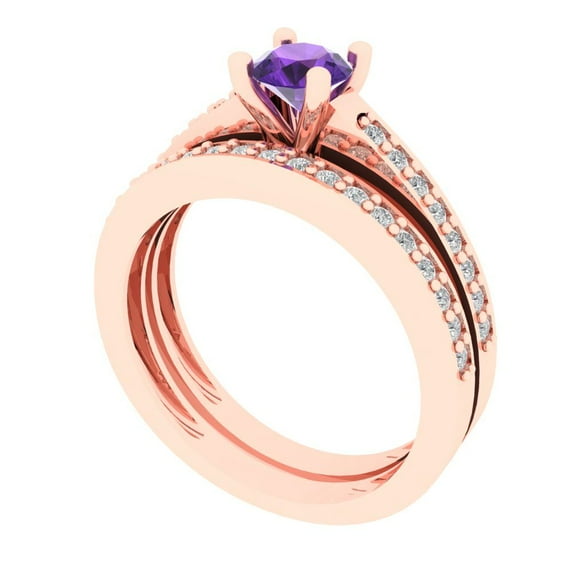 0.85 ct Brilliant Round Cut Natural Amethyst 18K Rose Gold Solitaire with Accents Engagement Bridal Wedding Ring Band Set size 5.75