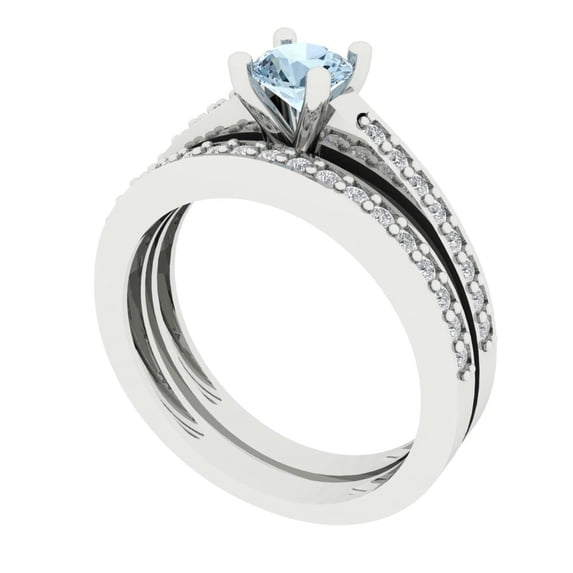 0.85 ct Brilliant Round Cut Natural Aquamarine 18K White Gold Solitaire with Accents Engagement Bridal Wedding Ring Band Set size 7.5