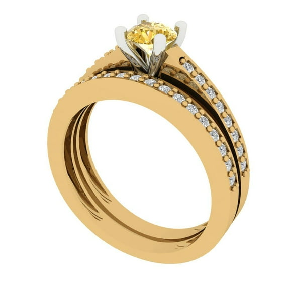 0.85 ct Brilliant Round Cut Natural Citrine 14k Yellow/White Gold Solitaire with Accents Engagement Bridal Wedding Ring Band Set size 6.75