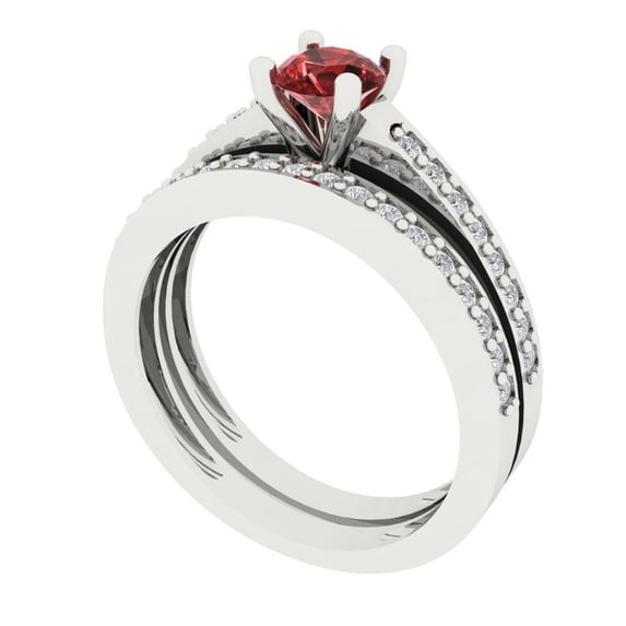 0.85 ct Brilliant Round Cut Natural Garnet 18K White Gold Solitaire with Accents Engagement Bridal Wedding Ring Band Set size 3.5