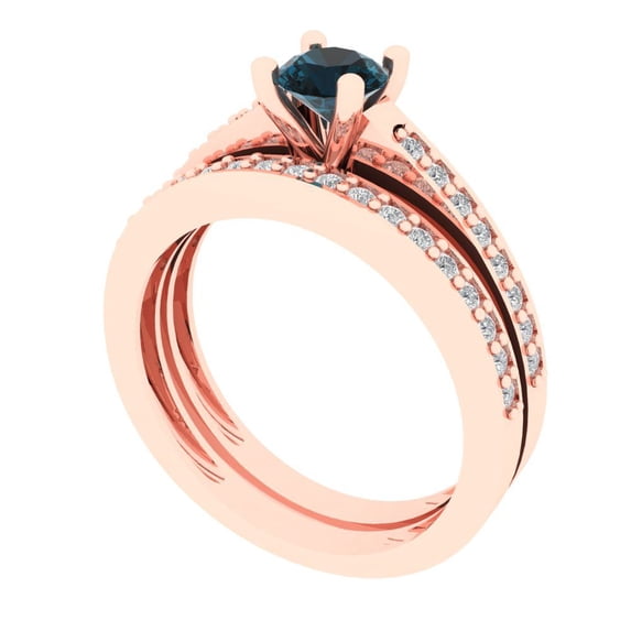 0.85 ct Brilliant Round Cut Natural London Blue Topaz 14k Rose Gold Solitaire with Accents Engagement Bridal Wedding Ring Band Set size 11