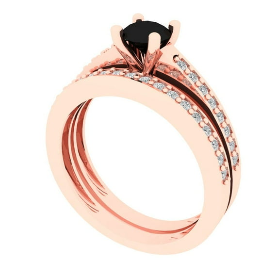 0.85 ct Brilliant Round Cut Natural Onyx 18K Rose Gold Solitaire with Accents Engagement Bridal Wedding Ring Band Set size 6.25