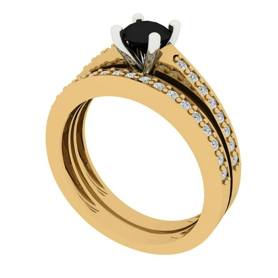 0.85 ct Brilliant Round Cut Natural Onyx 18K Yellow/White Gold Solitaire with Accents Engagement Bridal Wedding Ring Band Set size 6