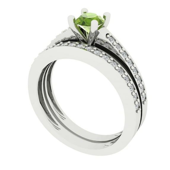 0.85 ct Brilliant Round Cut Natural Peridot 18K White Gold Solitaire with Accents Engagement Bridal Wedding Ring Band Set size 4