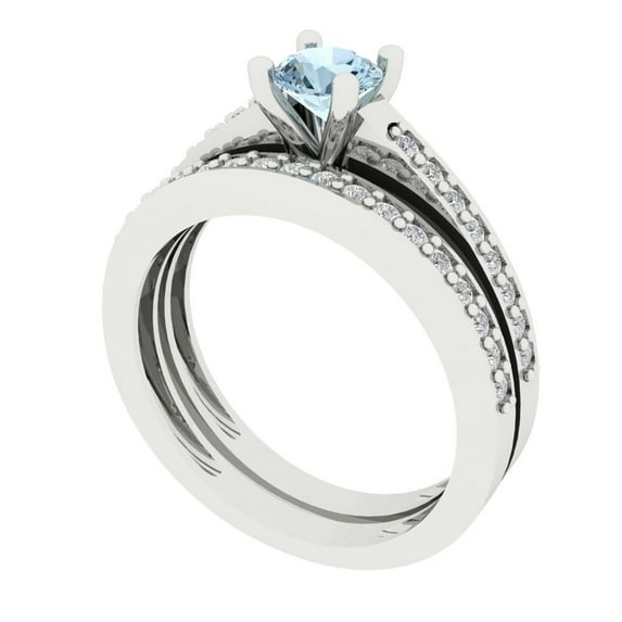 0.85 ct Brilliant Round Cut Natural Sky Blue Topaz 18K White Gold Solitaire with Accents Engagement Bridal Wedding Ring Band Set size 6