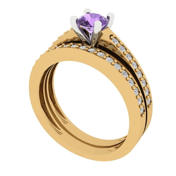 0.85 ct Brilliant Round Cut Alexandrite 18K Yellow/White Gold Solitaire with Accents Engagement Bridal Wedding Ring Band Set size 6.5