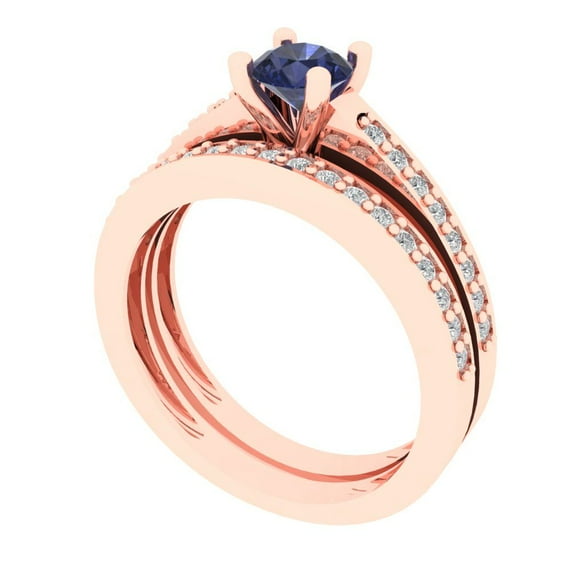 0.85 ct Brilliant Round Cut Blue Sapphire 18K Rose Gold Solitaire with Accents Engagement Bridal Wedding Ring Band Set size 5.75
