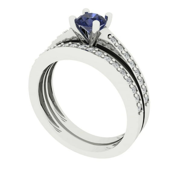 0.85 ct Brilliant Round Cut Blue Sapphire 18K White Gold Solitaire with Accents Engagement Bridal Wedding Ring Band Set size 8