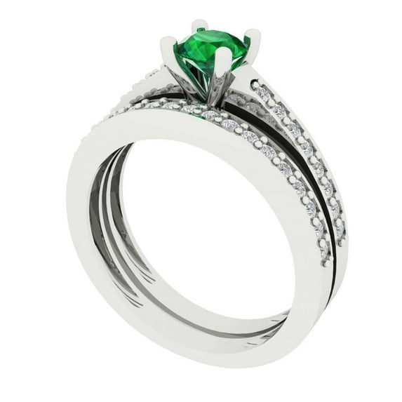 0.85 ct Brilliant Round Cut Emerald 14k White Gold Solitaire with Accents Engagement Bridal Wedding Ring Band Set size 8.75