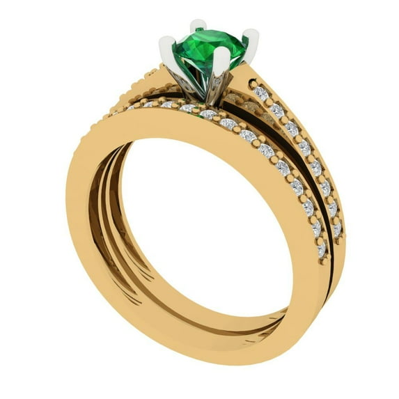 0.85 ct Brilliant Round Cut Emerald 14k Yellow/White Gold Solitaire with Accents Engagement Bridal Wedding Ring Band Set size 10.5