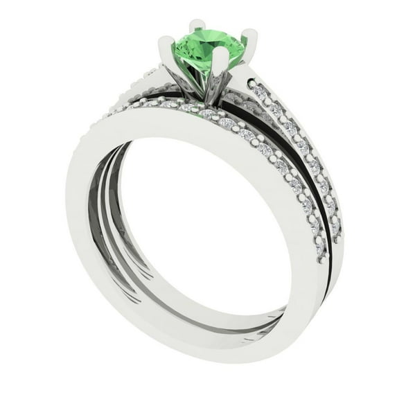 0.85 ct Brilliant Round Cut Green Zircon 18K White Gold Solitaire with Accents Engagement Bridal Wedding Ring Band Set size 3.75